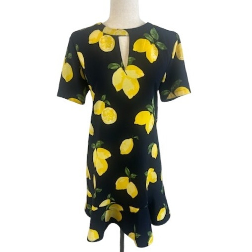 Mud Pie Women's Lemon Print‎ Short Sleeve Keyhole Ruffle Hem Dress Size Medium